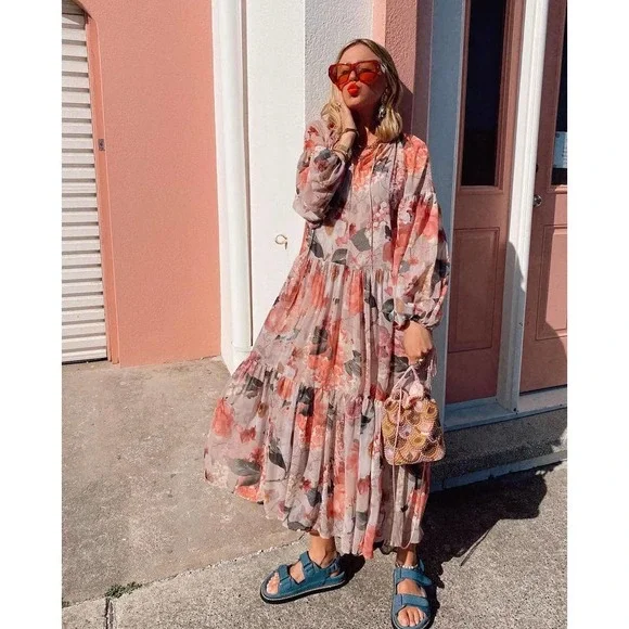 Chiffon Wide Cut Floral Dress Balloon Slee… - Picture 13 of 14